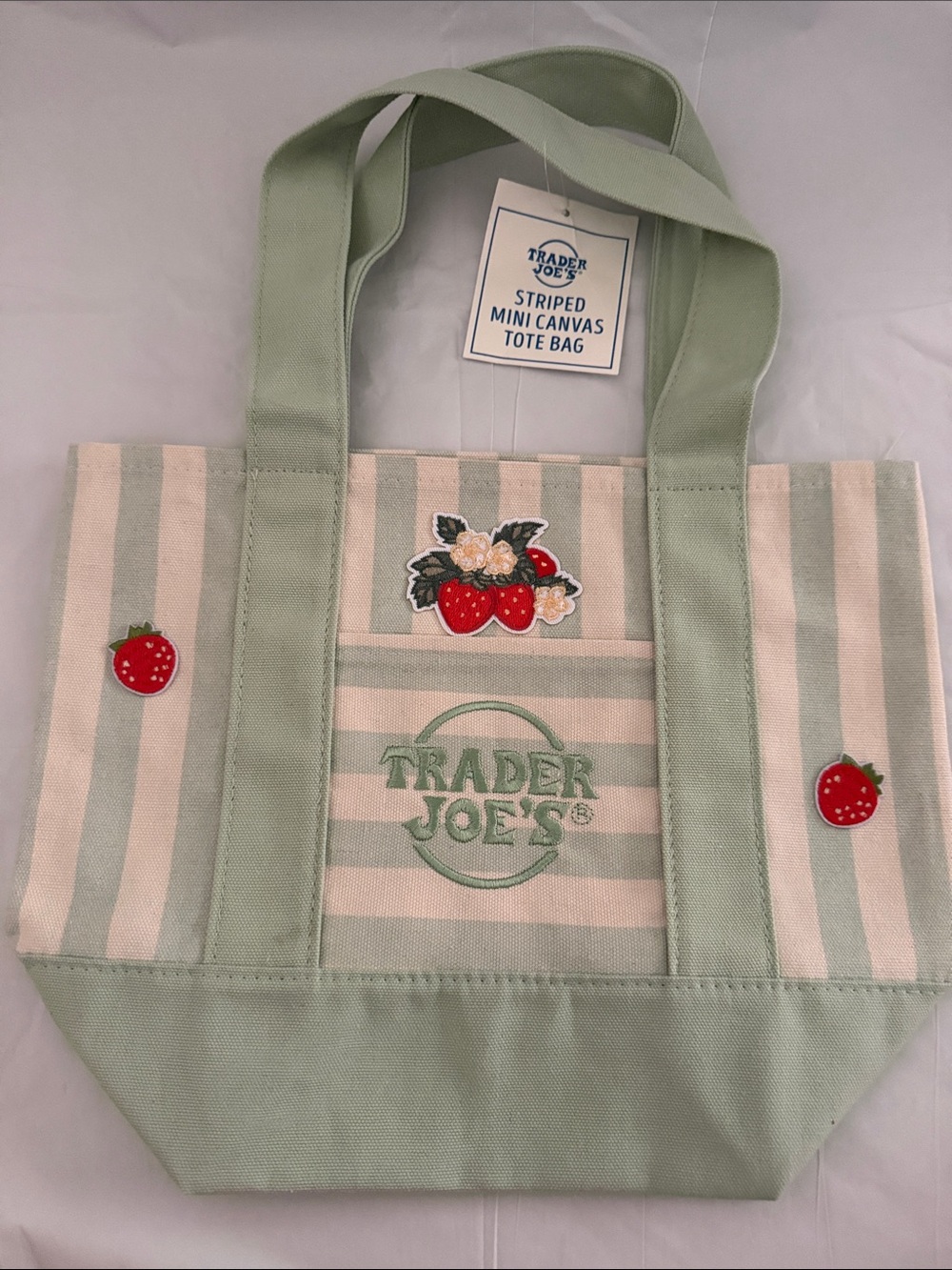 Trader Joe’s Mint Green Striped Mini Canvas Tote Bag with strawberry patches